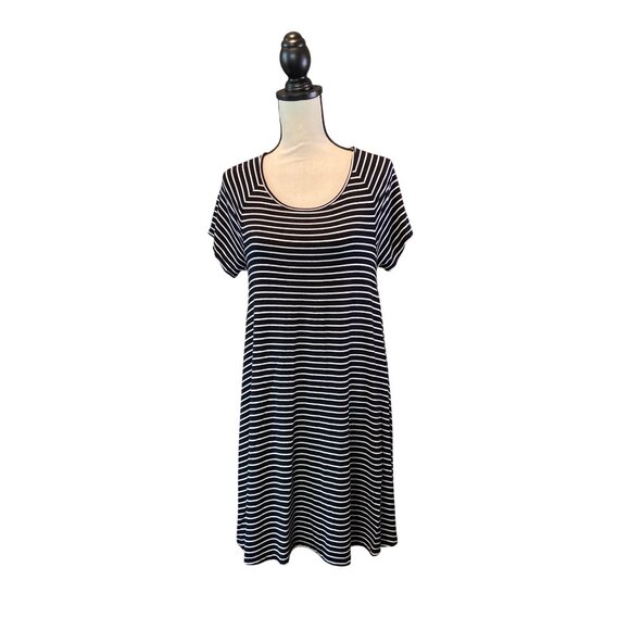 Old Navy Swing Dress M Black White Striped Short Sleeve Nautical Preppy - Picture 1 of 7